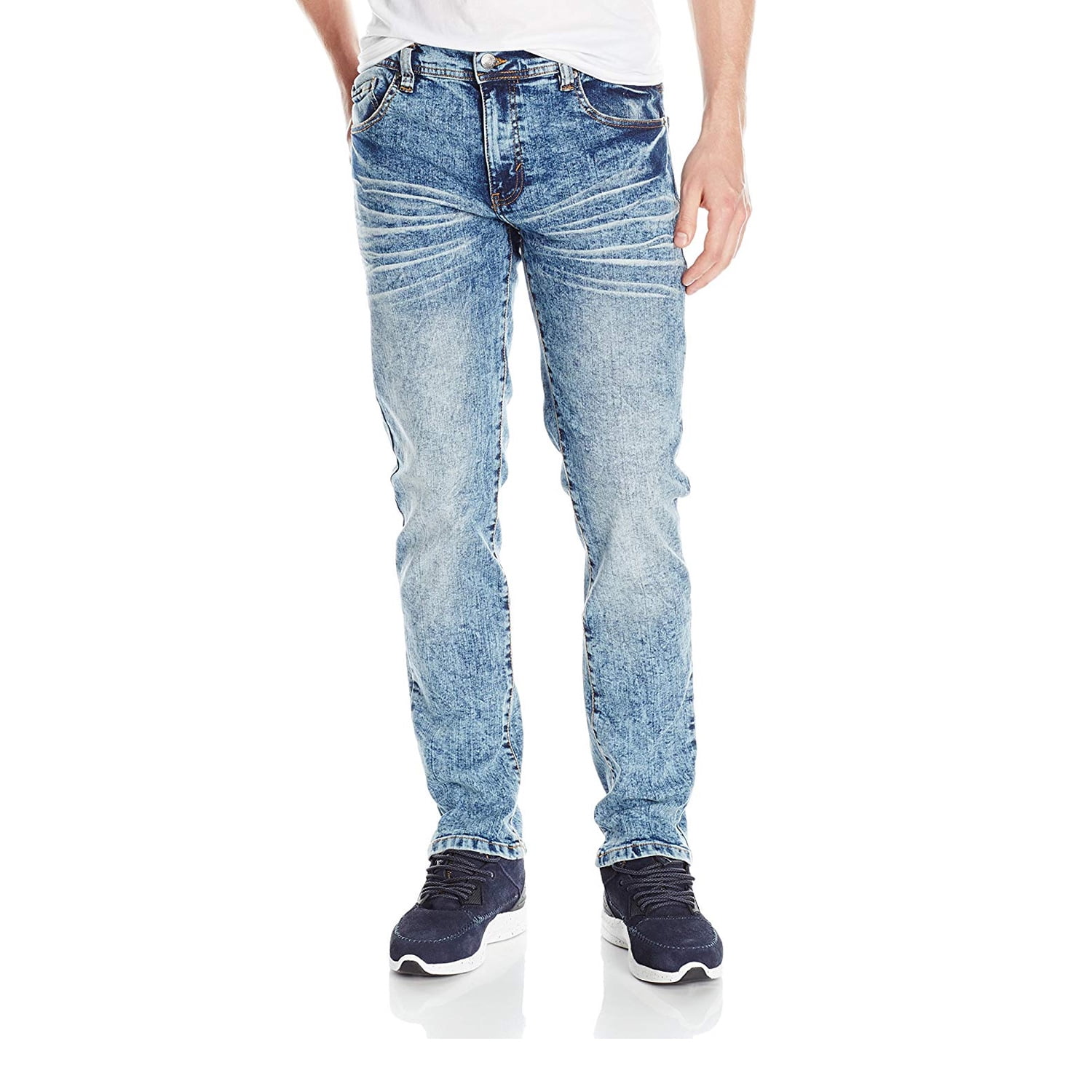Level 7 Mens Acid Washed Light Blue Oil Stain Premium Denim Jeans