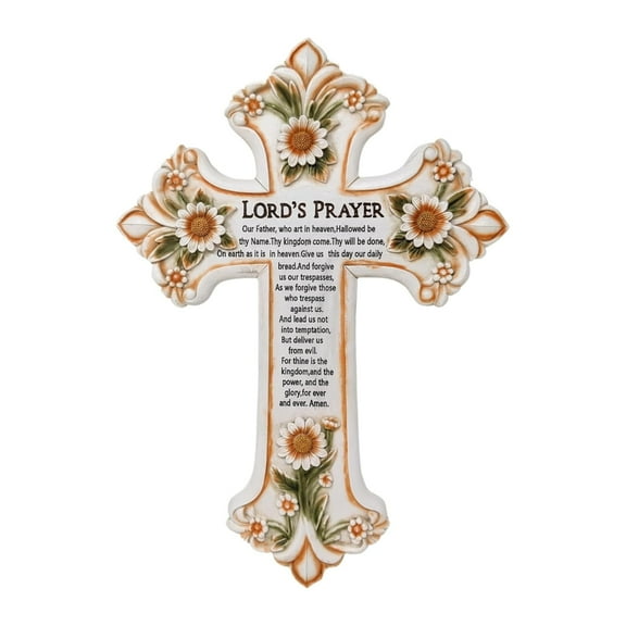 Cross with Flower and Lord's Prayer - Spiritual and Religious Resin Wall Art - Christian Decor for Living Room, Bedroom, Office or Prayer Room