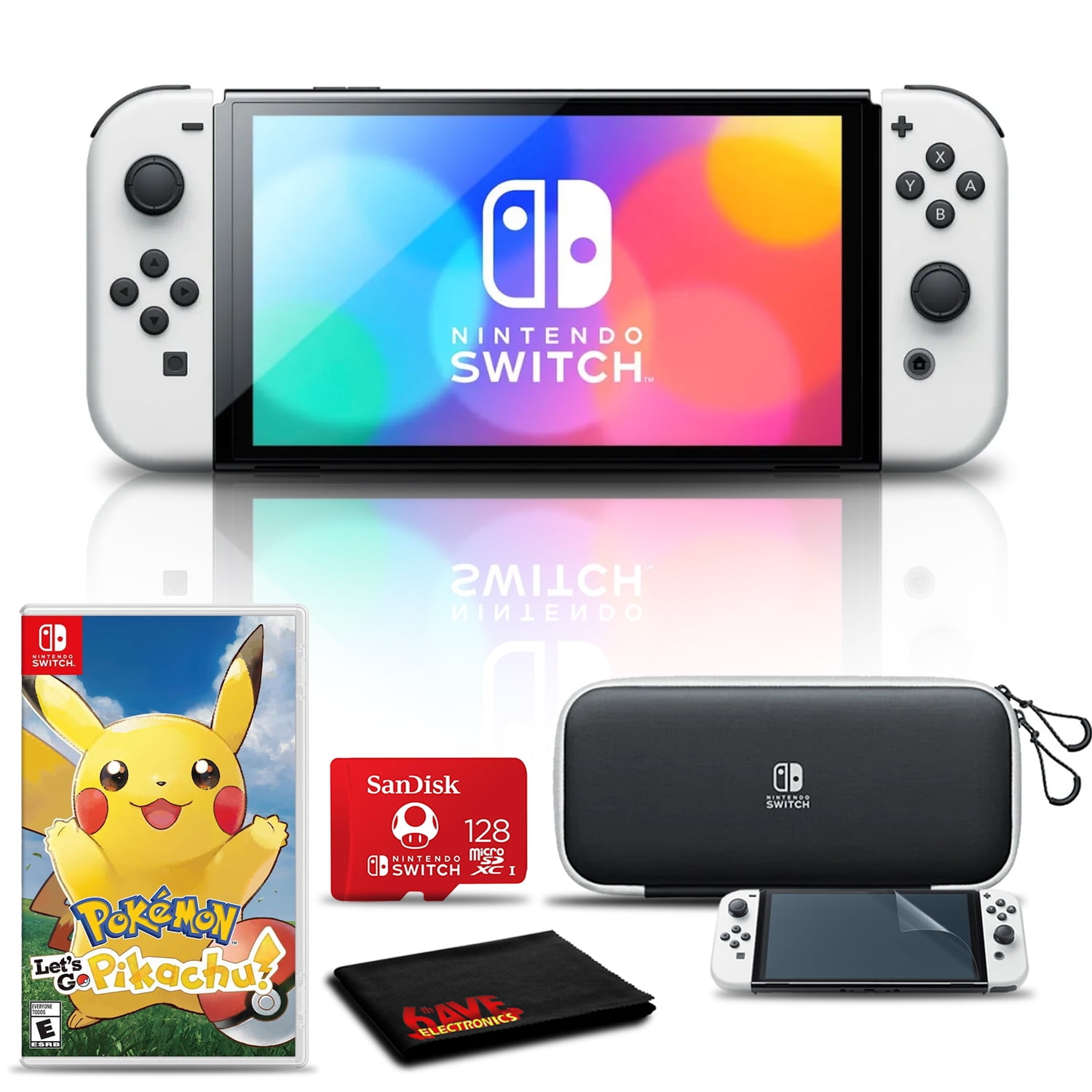 Nintendo Switch OLED White with Let's Go Pikachu, 128GB Card, and More