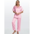thumbnail image 4 of DAKIMOE Womens Silk Satin Pajama Sets Short Sleeve Pjs V Neck Pajamas for Women with Long Pant S to XL, 4 of 8