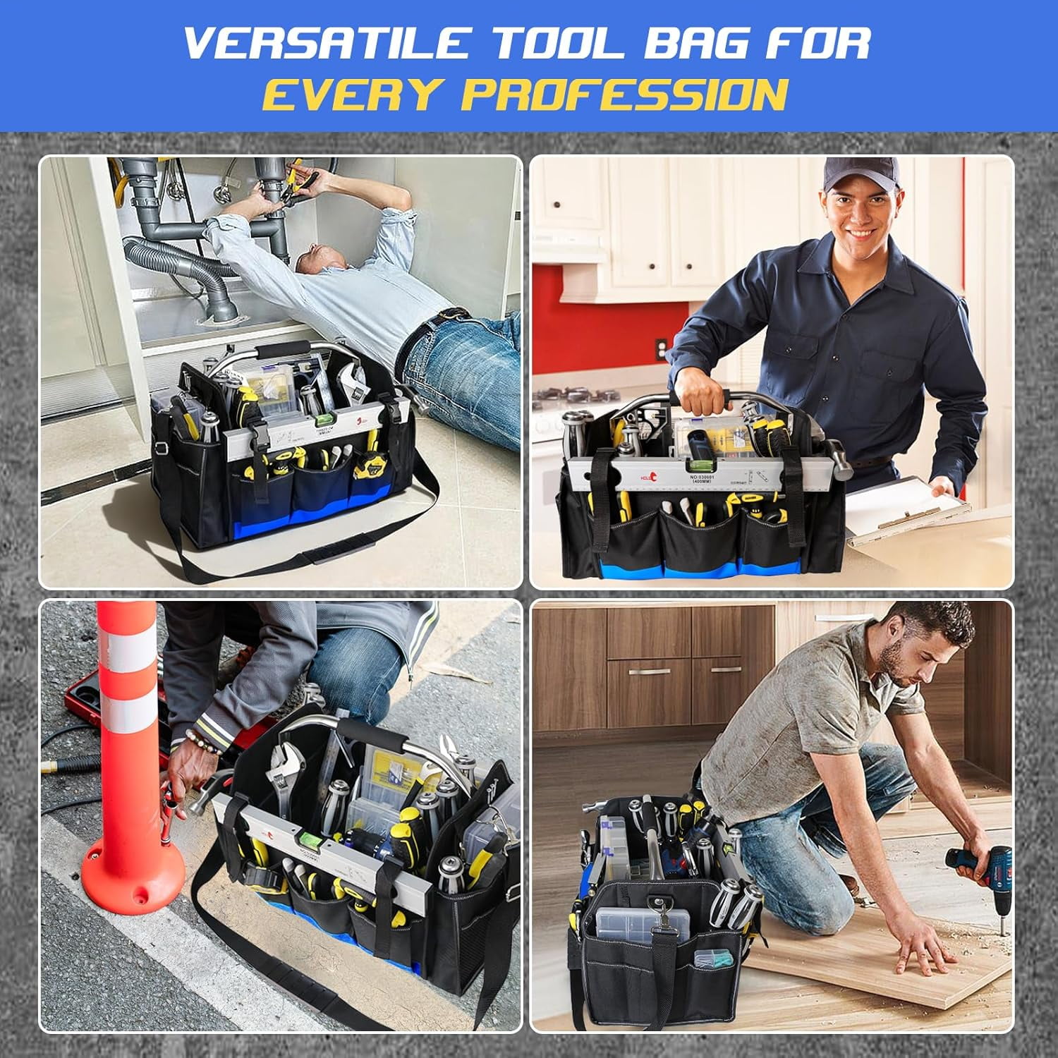 18 Inch Open Top Tool Bag, Tool Bags for Men with 30 Pockets, 1680D Waterproof Fabric, Foldable Electrician Tool Bag with Rotating Handle, Reflective Tool Organizer for Men, Blue