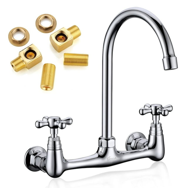 Favorpo Grifo Comercial De Latón Para Montaje En Pared, 2 Asas, 8 Pulgadas, Centro, Giro 360, Cromo Pulido Para Fregadero De Cocina