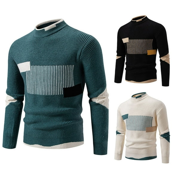 FRSASU Men’s Color Blocked Semi High Neck Knit Sweater Winter Fashion Slim Fit Pullover Casual Warm Knit Sweater White