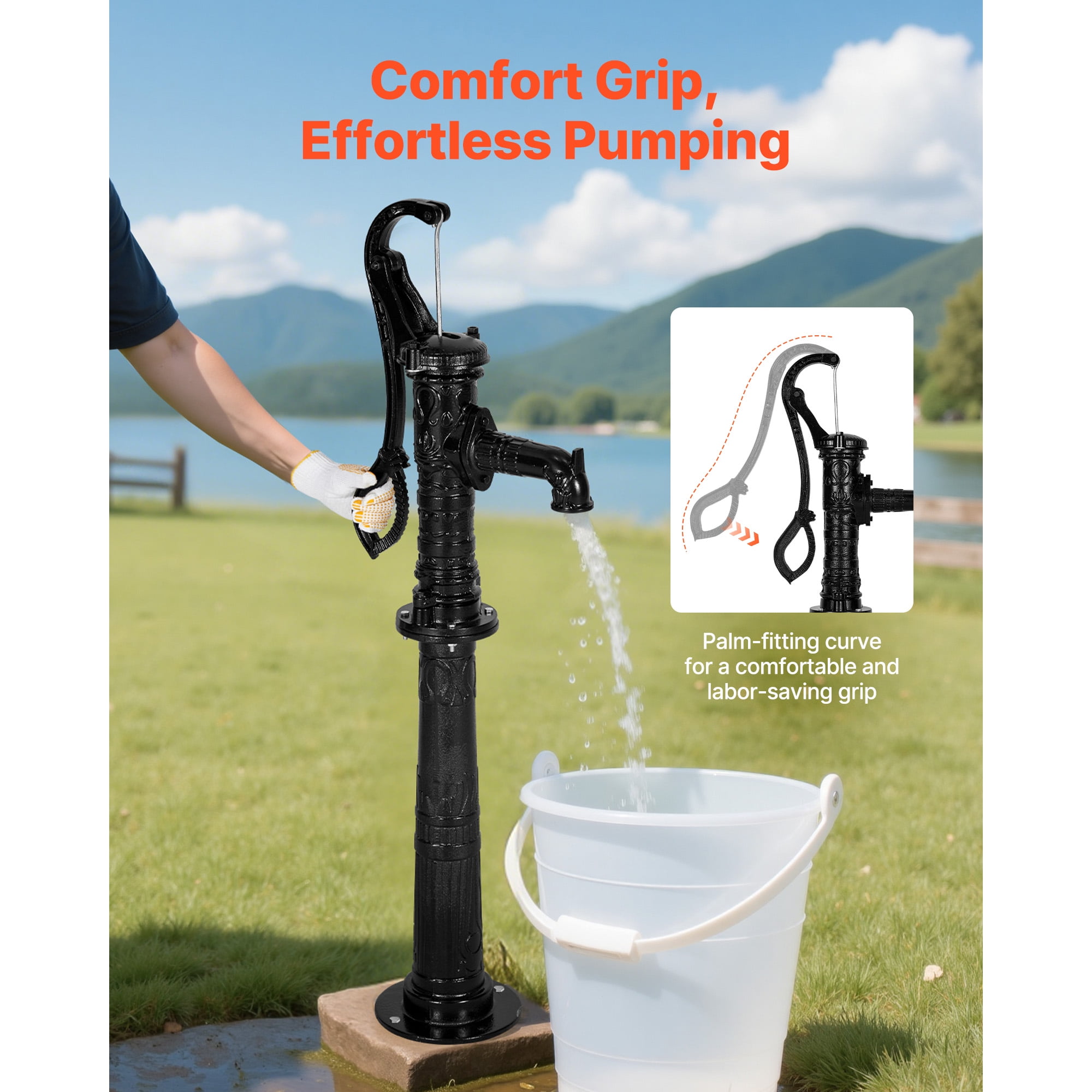 KFFKFF Cast Iron Hand Well Pump  with Base, 20 ft Max Lift, Antique  Manual Water Pump with NPT 1-1/4 in Connection, Decorative Pitcher Pump  for Gardens, Ponds, Yards, and Farms, Black