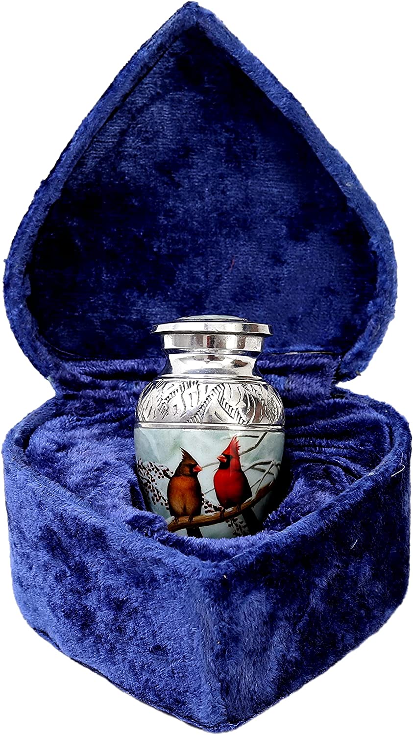 hlc Beautiful Small Lovely Cardinal Couple Bird Keepsake Urn Qnty 1 - Keepsake Urn for Human Ashes with 1 Velvet Box Bag - Peaceful Engraved Mini Memorial Affordable Keepsake Urn (3.5 cu.in)