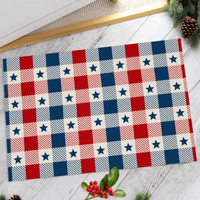Carpet Polyester Carpet Independence Day Doormat Rustic American Patriotic Gnomes and Flag Colorful Floral Indoor Doormat 4 of July Patriotic Floor Mat Low Profile Rug for Home Office