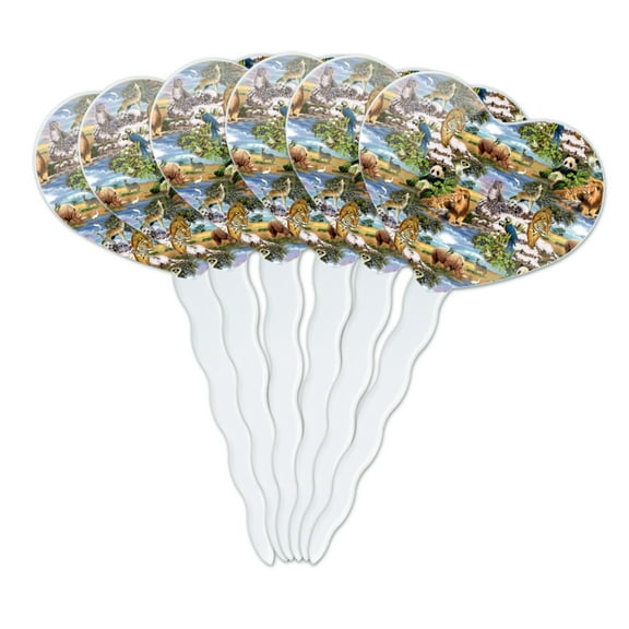 World Wildlife Snow Leopard Rhino Wolf Lion Pattern Heart Love Cupcake Picks Toppers Decoration Set of 6