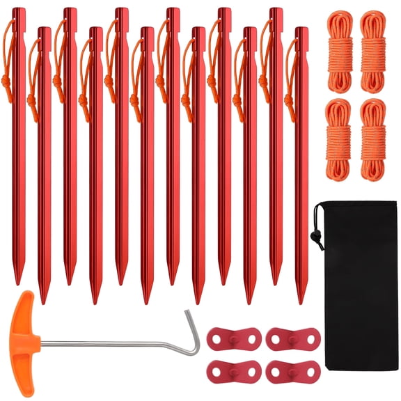 Hengguang 22Pack Aluminum Tent Stakes Set, 12pcs 7 Inch Lightweight Tent Stakes with 4 Guylines, 4 Pvc Top, 1 Puller & 1 Storage Bag, Non-Rust Metal Ground Spikes Tent Pegs for Camping