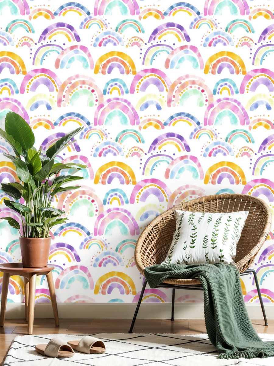 Peel and Stick Wallpaper 17.7in x 9.8ft Watercolor Rainbow Pastel Colors White Contact Paper Vinyl Self-Adhesive Removable Wall Paper for Bedroom DIY Home Decor Renter Friendly