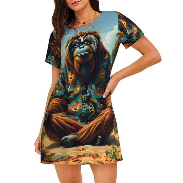 Balery Forest Meditating Gorilla Camisón de manga corta con cuello redondo para mujer, cómodo y elegante.