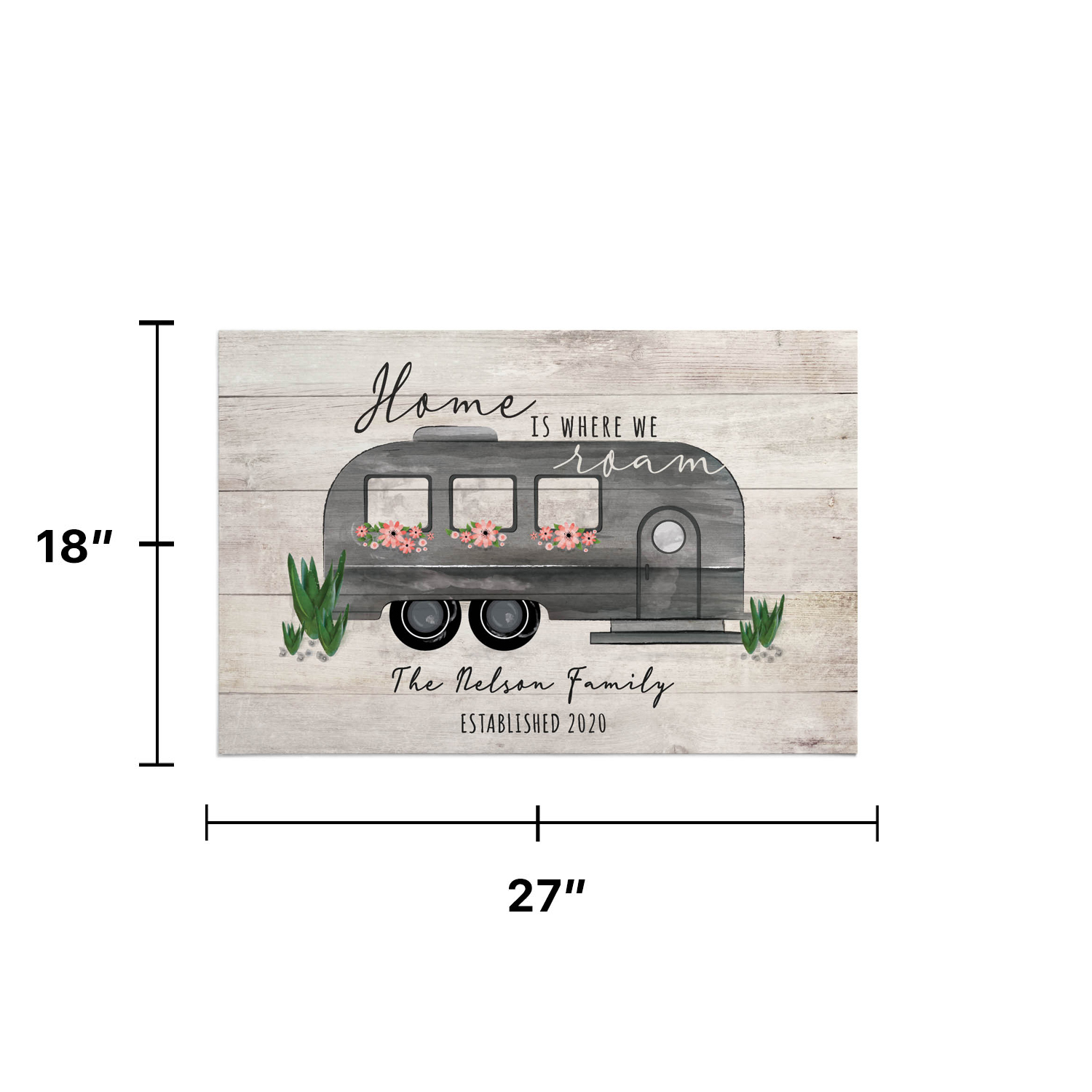 Personalized Planet 27x18 Home Is Where We Roam Camper Doormat with Custom Personalization Printed on Light Gray Rectangular 1/4” Thick Non Slip Mat for Kitchen Hallway Deck or Porch