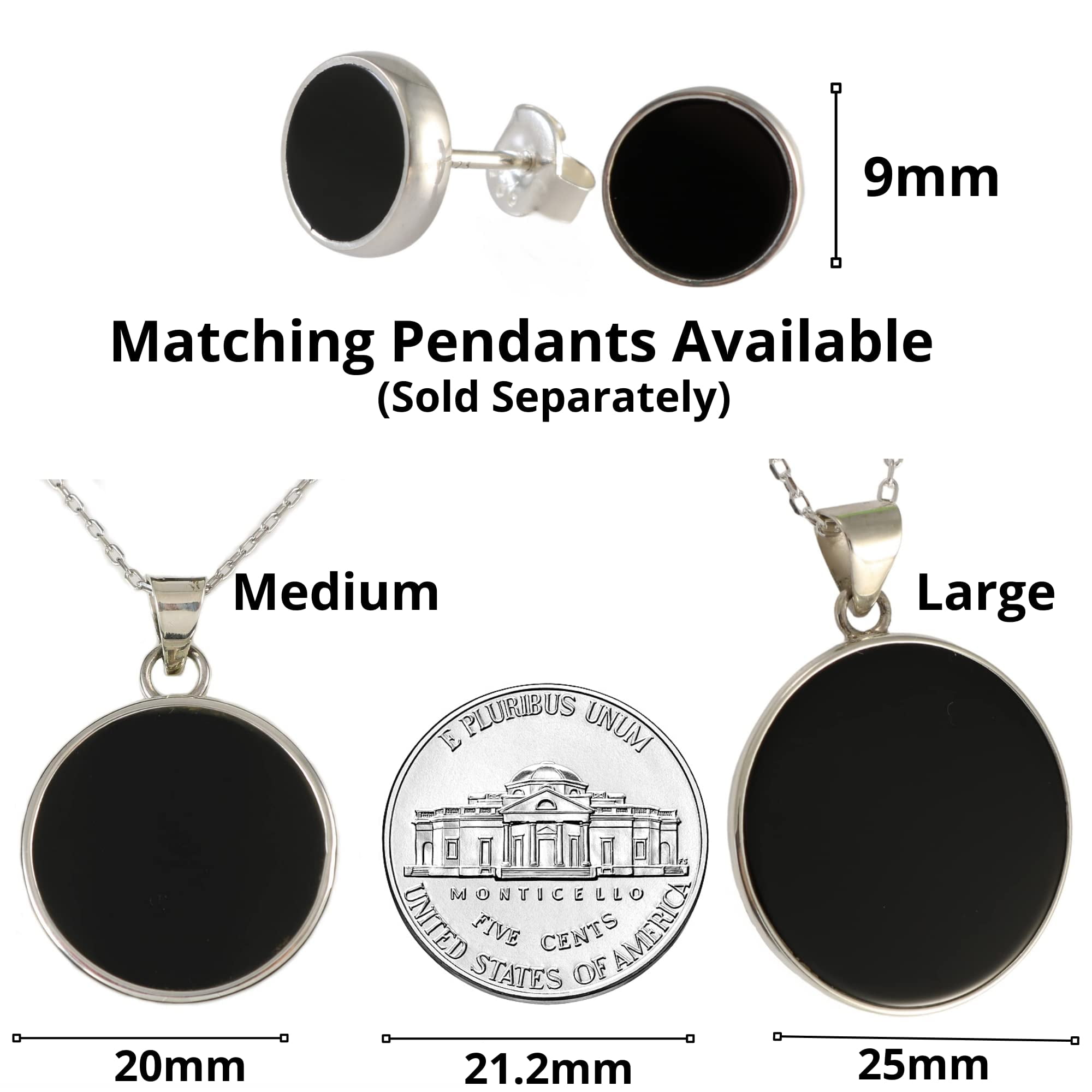 Echmeck Solid 925 Sterling Silver Black Flat Onyx Handmade Stud Earrings for Women Men - 9mm
