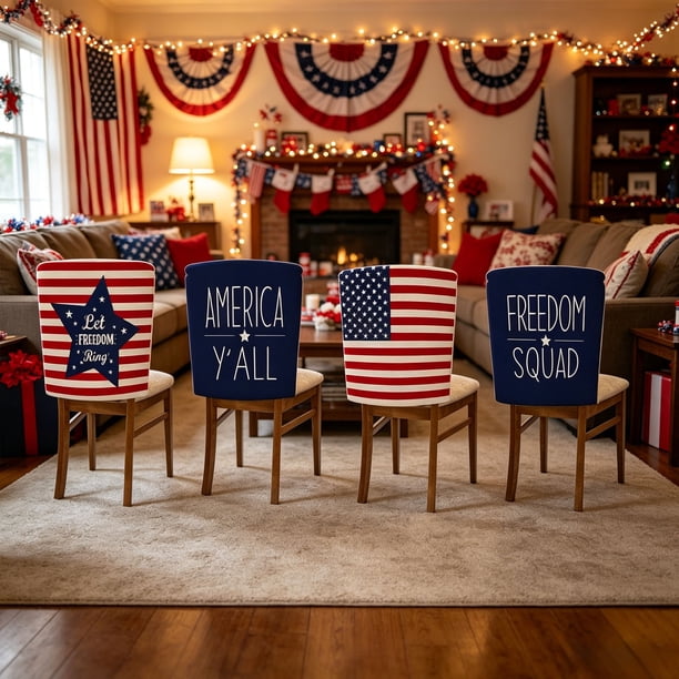 YiJuHui Independence Day Chair Covers Set of 4, Patriotic Memorial Day 4th of July Decorations for Home Kitchen Dining Party, Reusable Polyester Holiday Chair Back Covers, Flag Theme Party Supplies