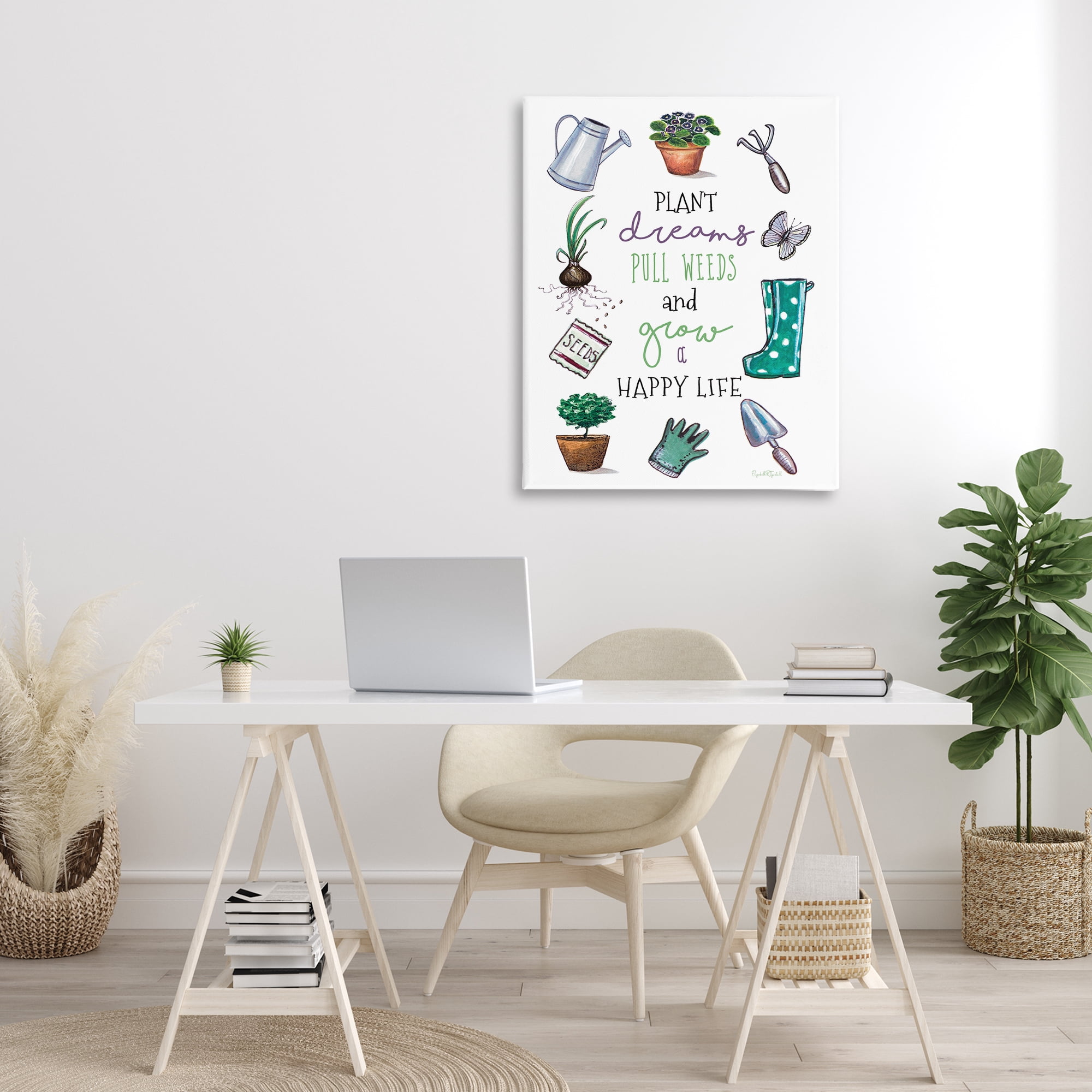 Stupell Industries Grow a Happy Life Botanical & Floral Painting Gallery Wrapped Canvas Art Print Wall Art, 30 x 40