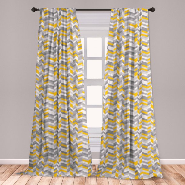Grey and Yellow Curtains 2 Panels Set, Geometric Vintage 60s Home Pattern Inspired Herringbone