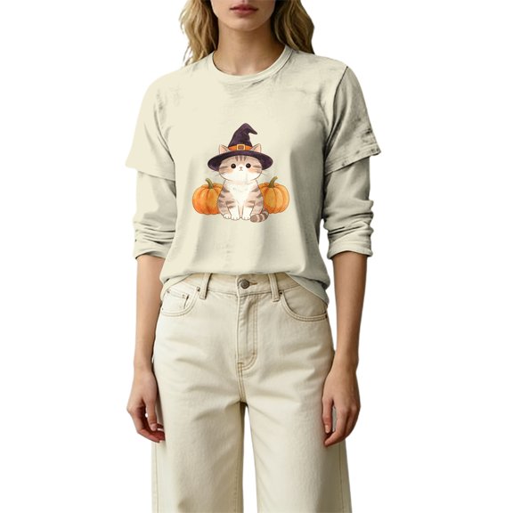 MVRLSH Womens Tops Blouse Casual Halloween Graphic Printed Comfortable Fashion Daily Wear Loose Fit Blouses Beige - M