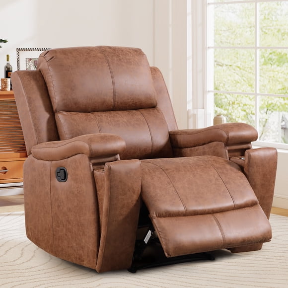 Bonzy Home PU Leather Recliner Chair, Manual Recliners with Cup Holders, Single Reclining Chair with Padded Headrest & Thick Seat for Living Room, Bedroom, Home Theater (Recliner)