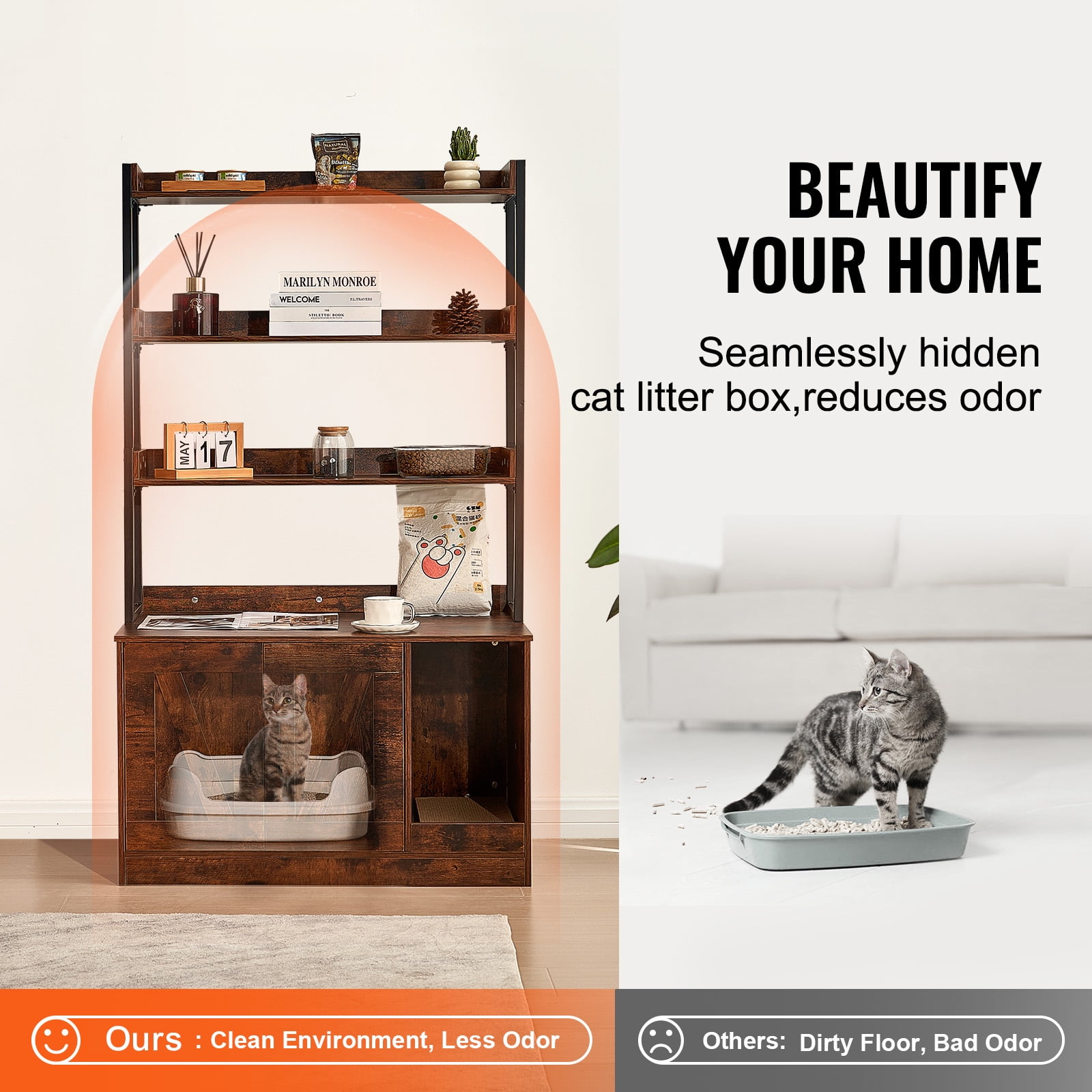 KFFKFF Litter Box Cabinet, Concealed Cat Toilet with Triple Storage, Wood Pet Bathroom for Indoors, Spacious Kitty Enclosure, 33.5"L x 19.3"W x 58.7"H, in Dark Brown
