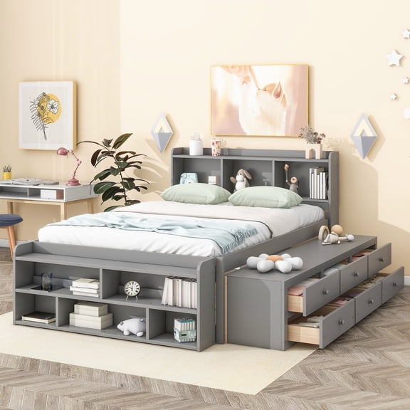 Full Solid and Stable Bed with Bookcase Headboard, Under Bed Storage Drawers and Bed End Storage Case (Grey)