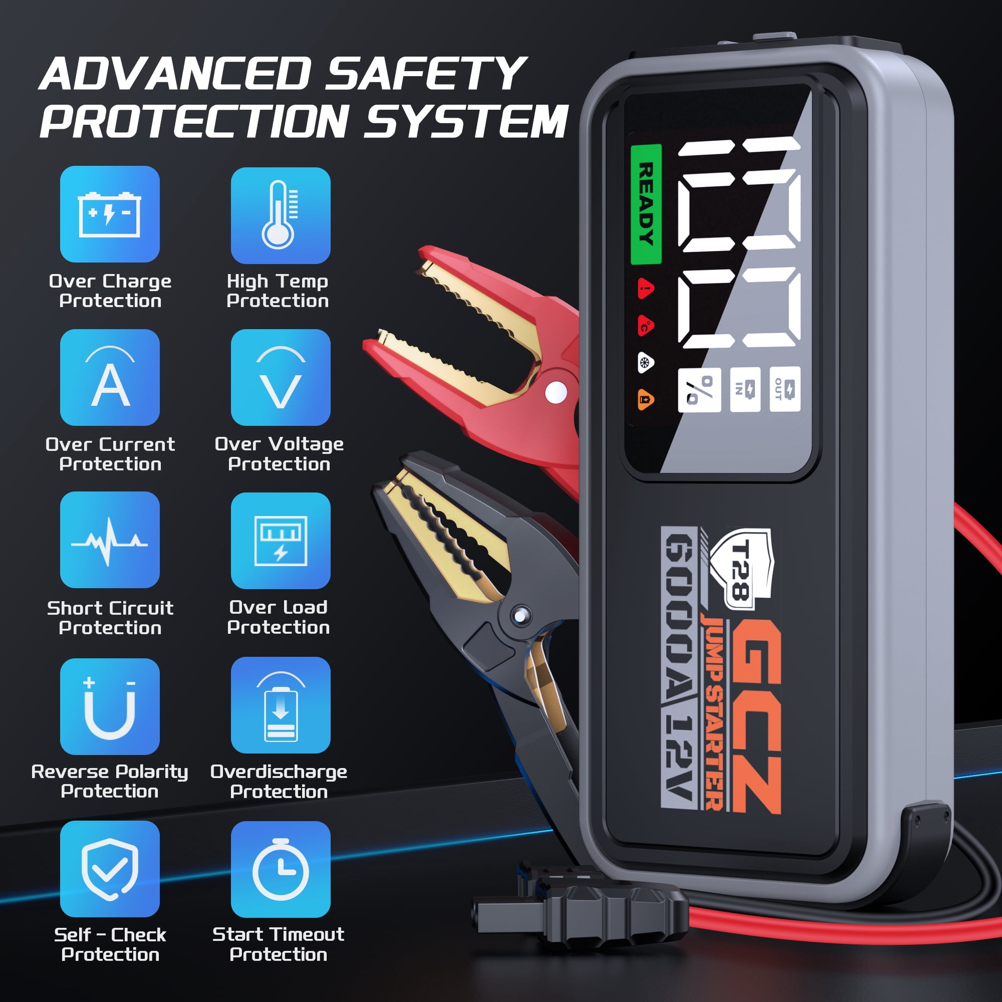 GCZ 6000A Portable Car Jump Starter, 32000mAh Battery Booster for All Gas & Up to 10L Diesel Engines, 12V Auto Jump Box with LED Display, QC3.0 Fast Charging Power Bank, EVA Carrying Case