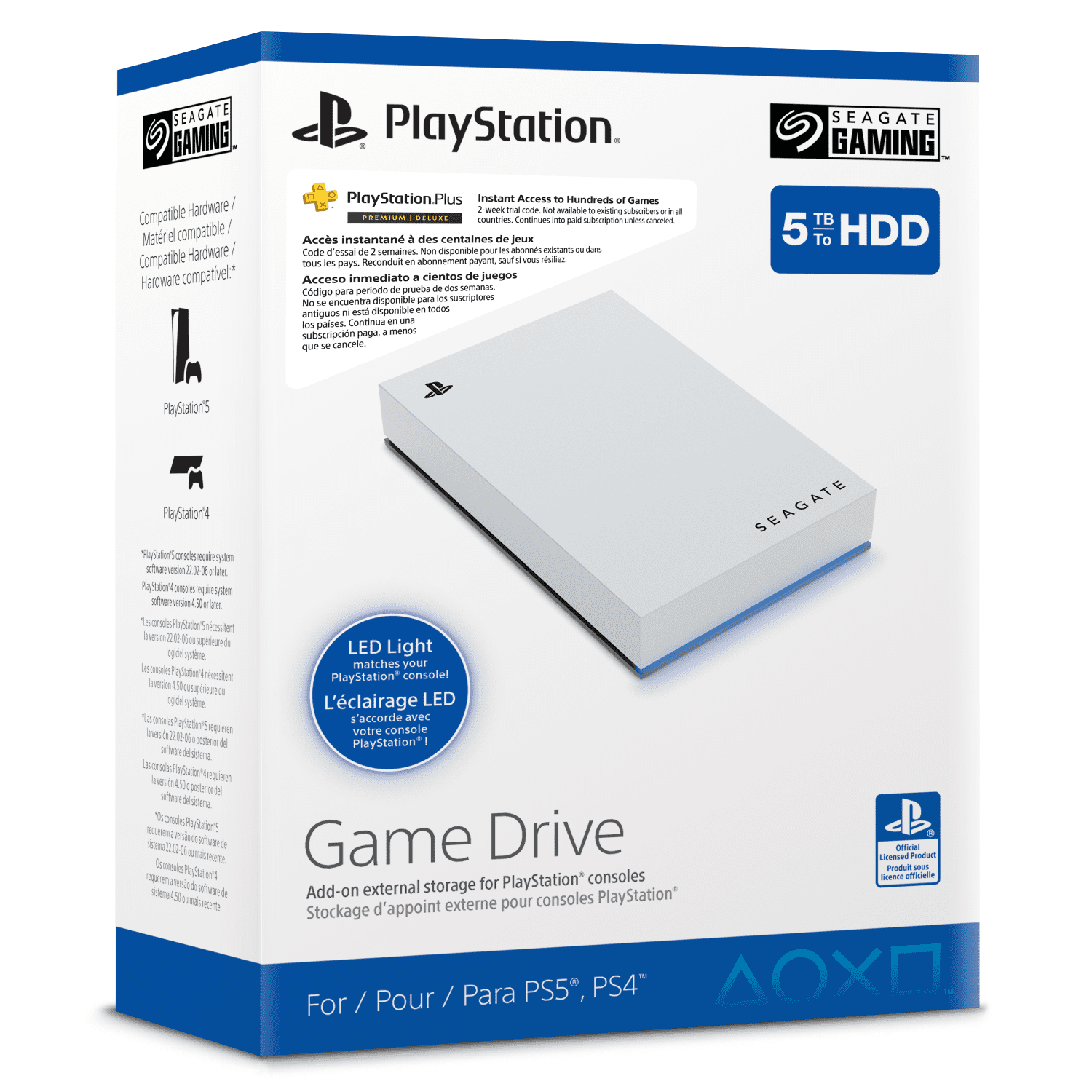 Disque dur externe Seagate Game Drive pour PS5 5 To – USB 3.0, sous licence officielle, DEL bleue, compatible PS5™ et PS4™ (STLV5000301)