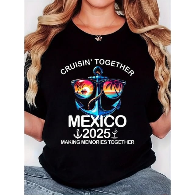 Women'S T-Shirt, "Dark Glasses Anchor Mexico2025" Print, Retro Minimalist Fashion, Round Neck, Casual Comfort, Sports Short Sleeve T-Shirt