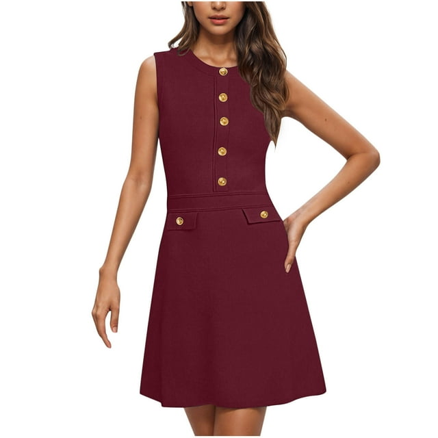VEKDONE Womens Solid Color Round Neck Sleeveless Decorate Button Cultivate Oneself Work Sundress Wine S