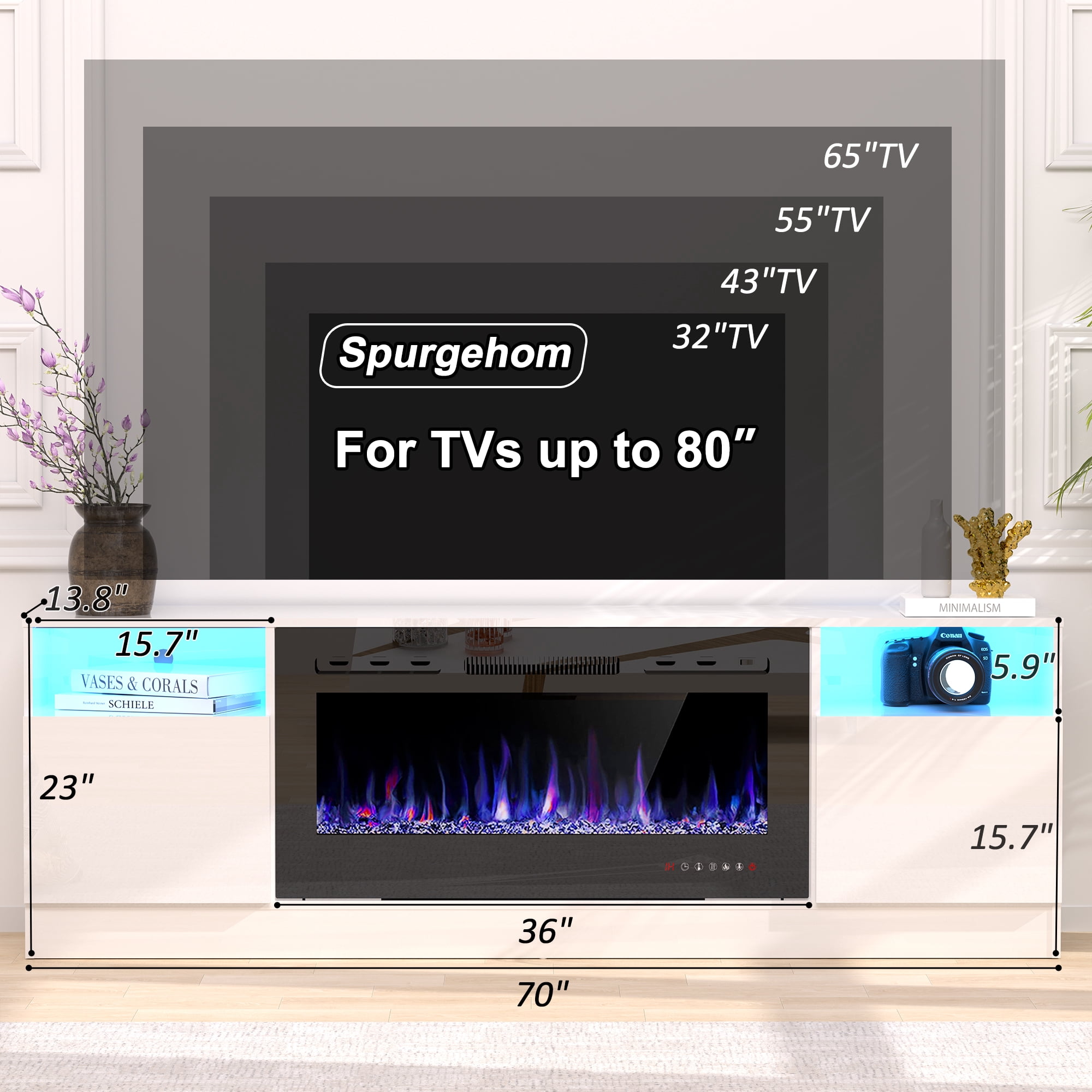 HARIPUL 70" Fireplace TV Stand for TVs Up to 80" with 36" Electric Fireplace, TV Console for The Living Room, LED Light Entertainment Center, Storage Cabinet, Media Console Table, White