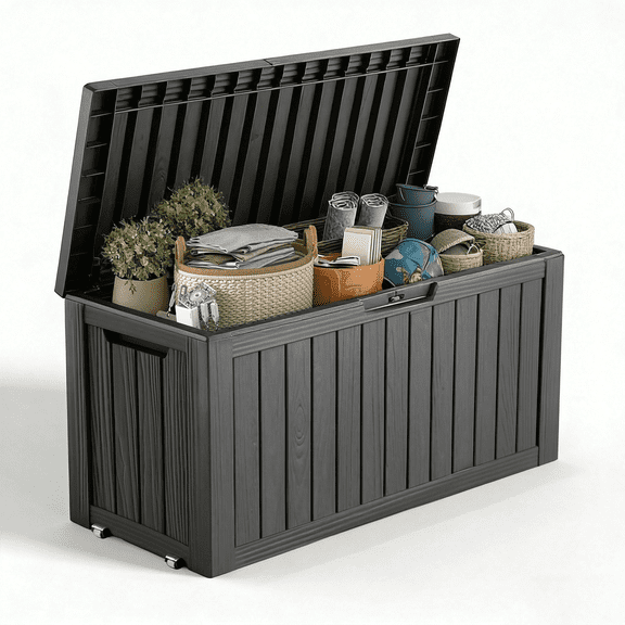 EASY UP 80 Gallon Resin Deck Box, Lockable Patio Outdoor Storage Box for Furniture, Garden Tools and Tools Storage, Waterproof Outside Storage Boxes