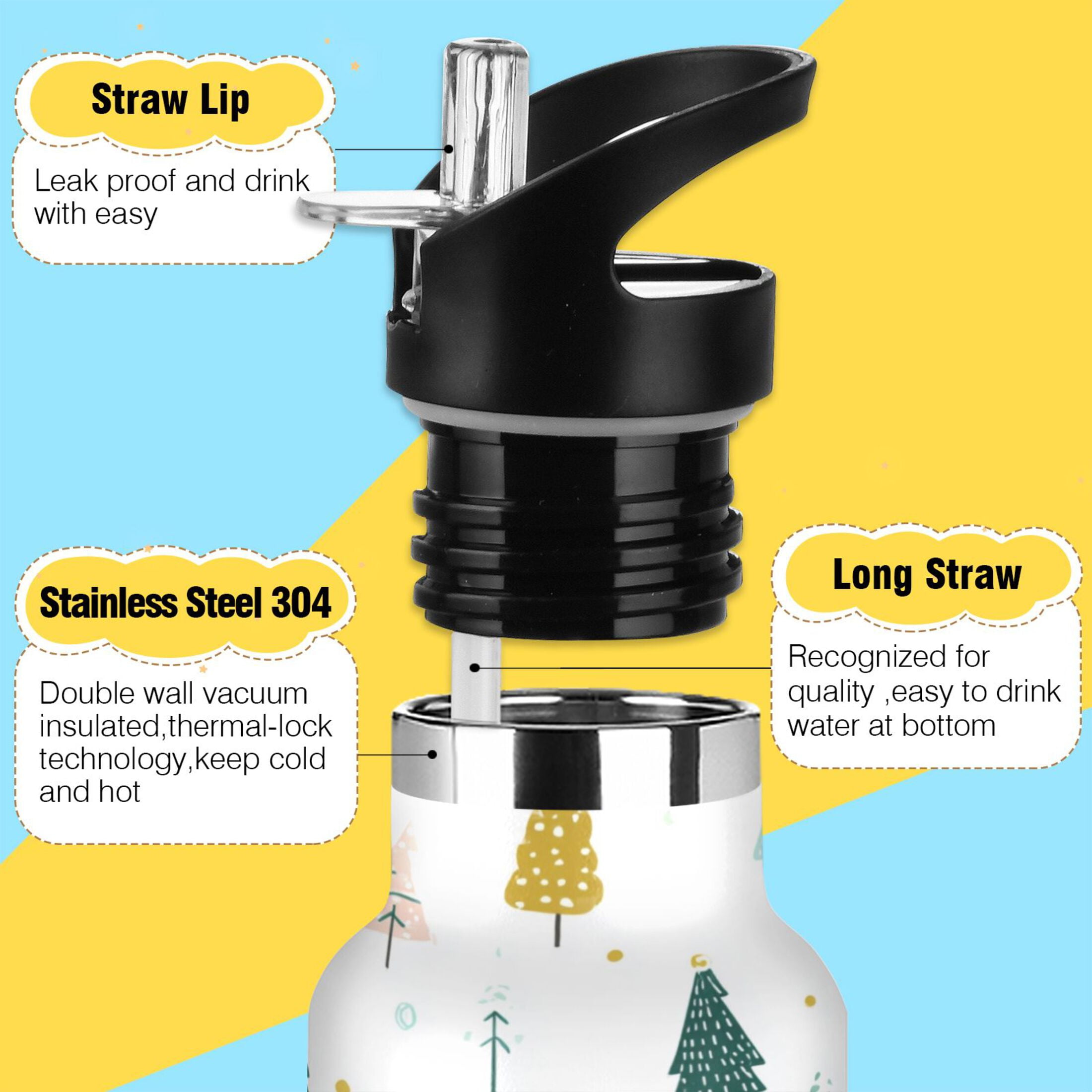 600ML Stainless Steel Insulated Cup Sports Water Bottle Portable Thermos Cup Water Glasses Insulated Tumblers Convenient and Durable Beautiful Colorful Christmas Tree
