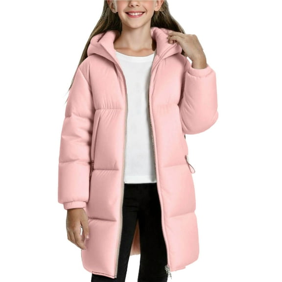 Cethrio Girls Puffer Jackets Size 14-16, Warm Mid-length Zip up Windproof Winter Coats with Hood Pink