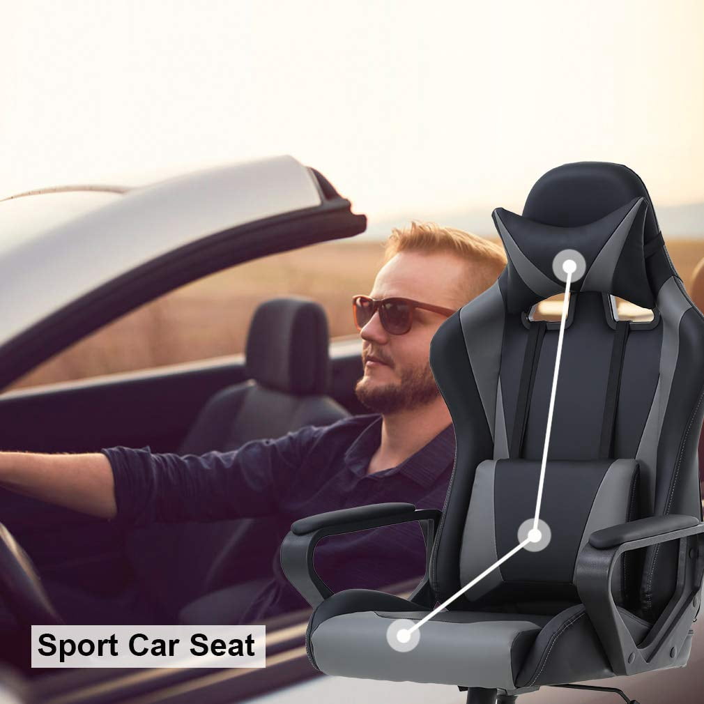 Dkelincs Gaming Chair for Teens PU Leather Computer Chairs with Headrest,Waist Pillow and Quiet Rolling Wheels, Gray