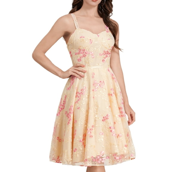 IDOPIP Women Spaghetti Strap Floral Lace Bridesmaid Cocktail Party Dress Wedding Guest Prom Dress