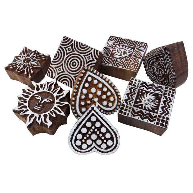 Lot de 8 Pcs Blocs d'Impression Textile Sculpté à la Main Blocs en Bois Impression de Blocs