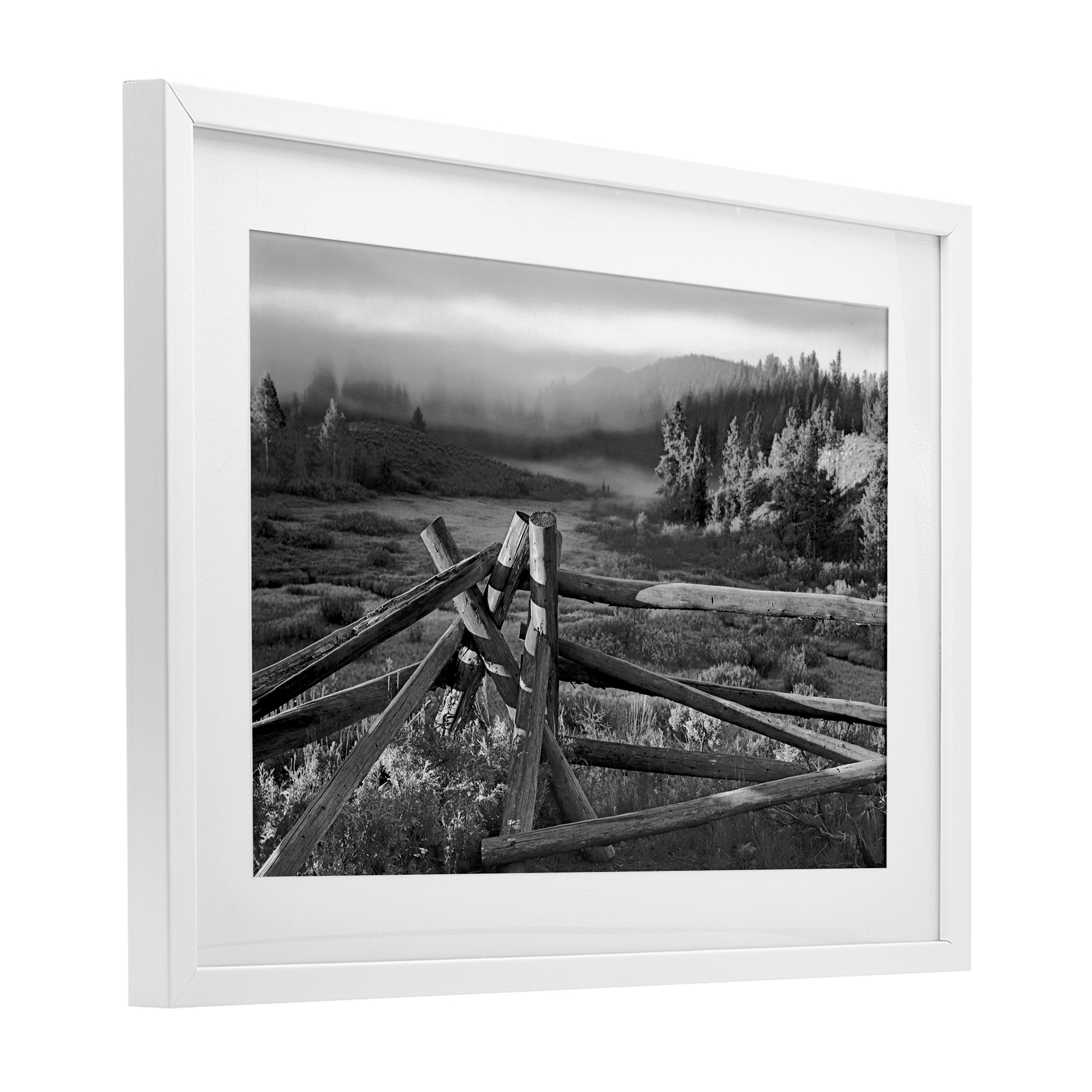 Grand Tetons Fence Beyond White Framed Print Under Glass, design by MJ Photography