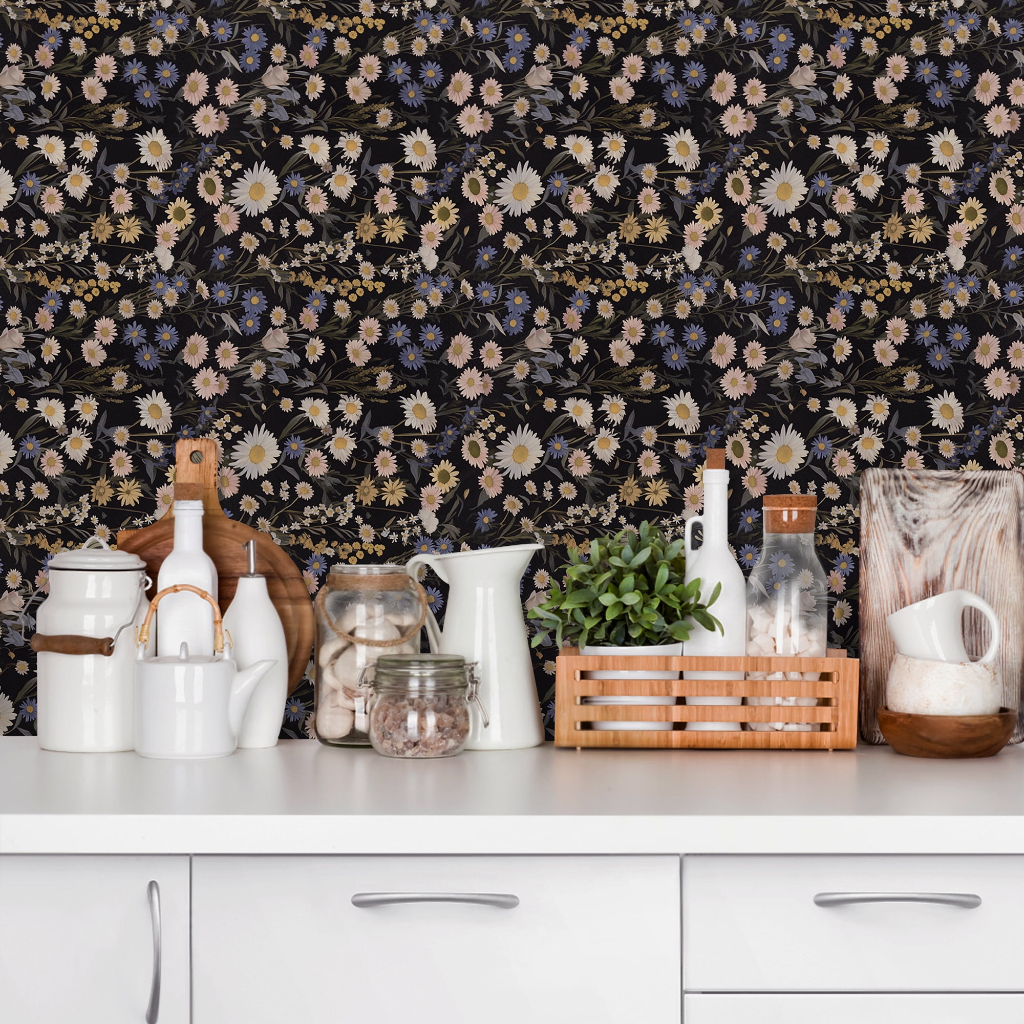 (4 pack) UMIGGEE Floral Wallpaper Peel and Stick Wallpaper Self Adhesive Black Wall Paper Contact Paper 17.3-in x 118-in Home Decor Wall Covering Old Furniture Renovation