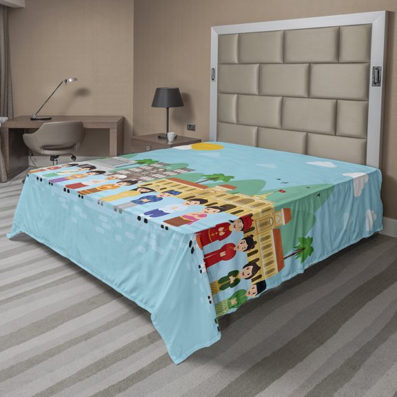 Travel Flat Sheet, Traditional People in Folkloric Clothes in Cartoon Style, Soft Comfortable Top Sheet Decorative Bedding 1 Piece, 6 Sizes, Pale Sky Blue Multicolor, by Ambesonne