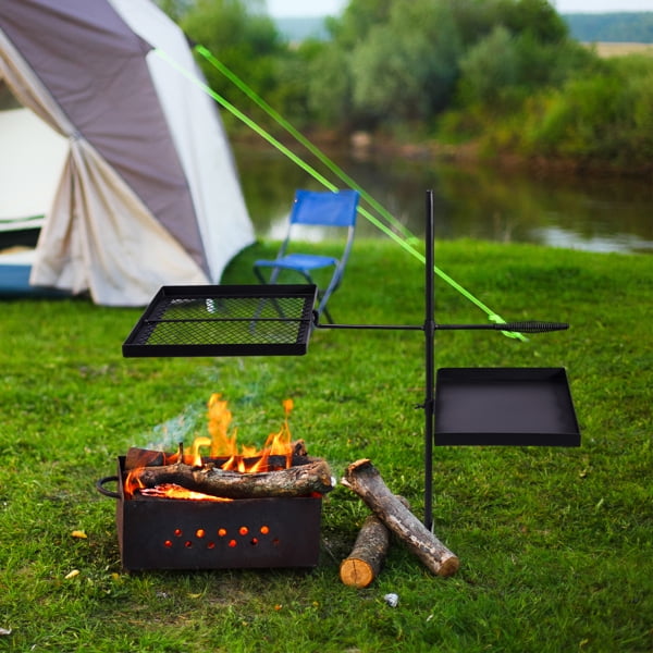 Swivel Campfire Grill Skillet Combo, Portable Heavy Duty Camping Grill Grate with Height Adjustable Grill Grate and Grill Pan and Carry Bag, Black