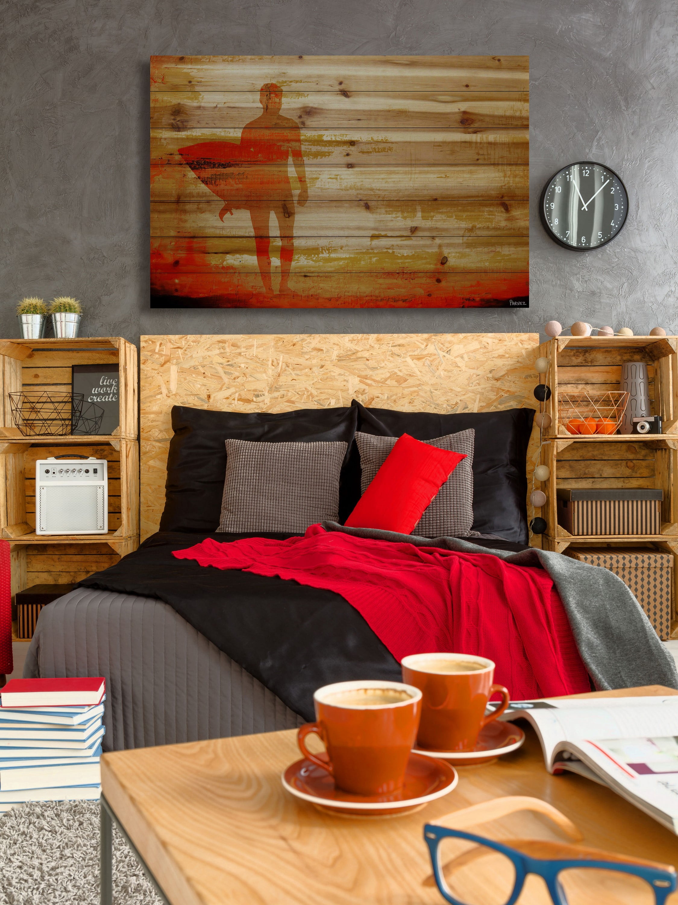 "Dusk Red Surf" Painting Print on Natural Pine Wood