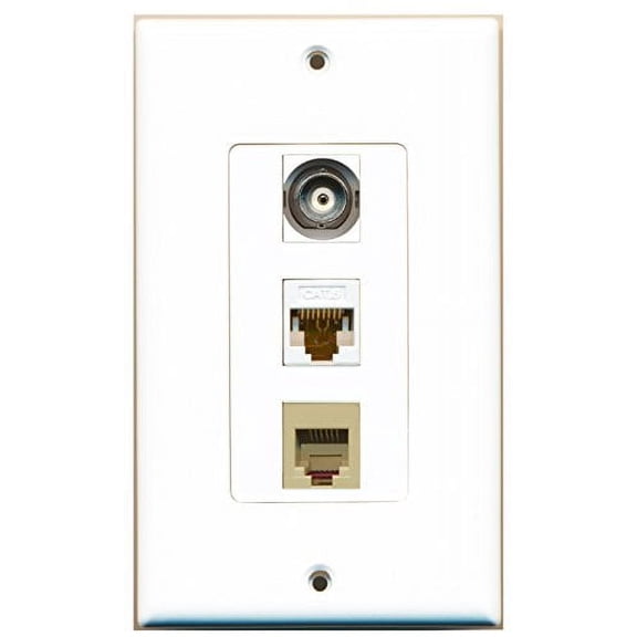 RiteAV - 1 Port Phone RJ11 RJ12 Beige and 1 Port BNC and 1 Port Cat6 Ethernet White Decorative Wall Plate Decorative