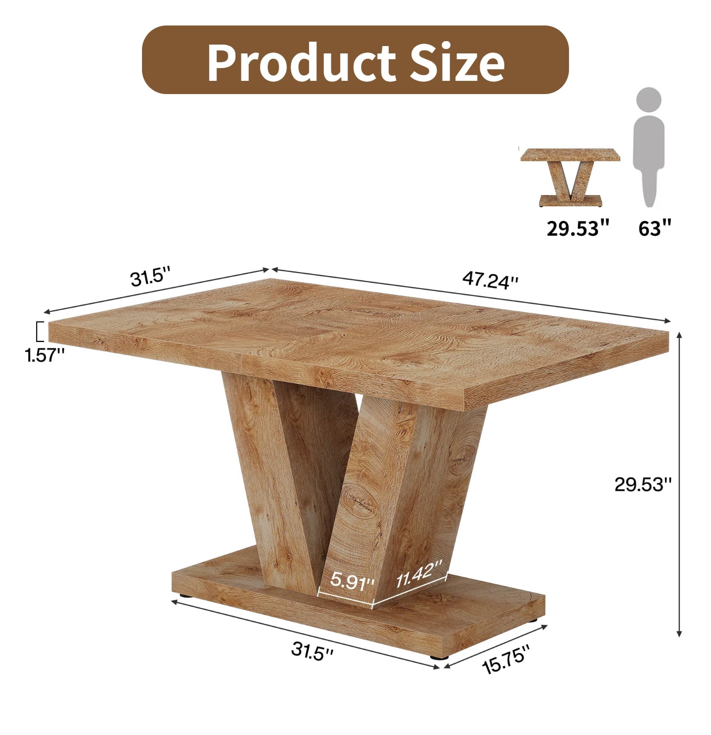Fnova 47.24" Rectangular Farmhouse Dining Table, Wood Coffee Table for 4 People, Modern Kitchen Table for Dining Room, Light Brown (Chairs Not Included)