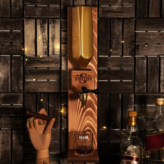 Personalized Wall-Mounted Single Tap Whiskey Dispenser – Handmade Pine Wood Liquor Pourer Home Bar Gift