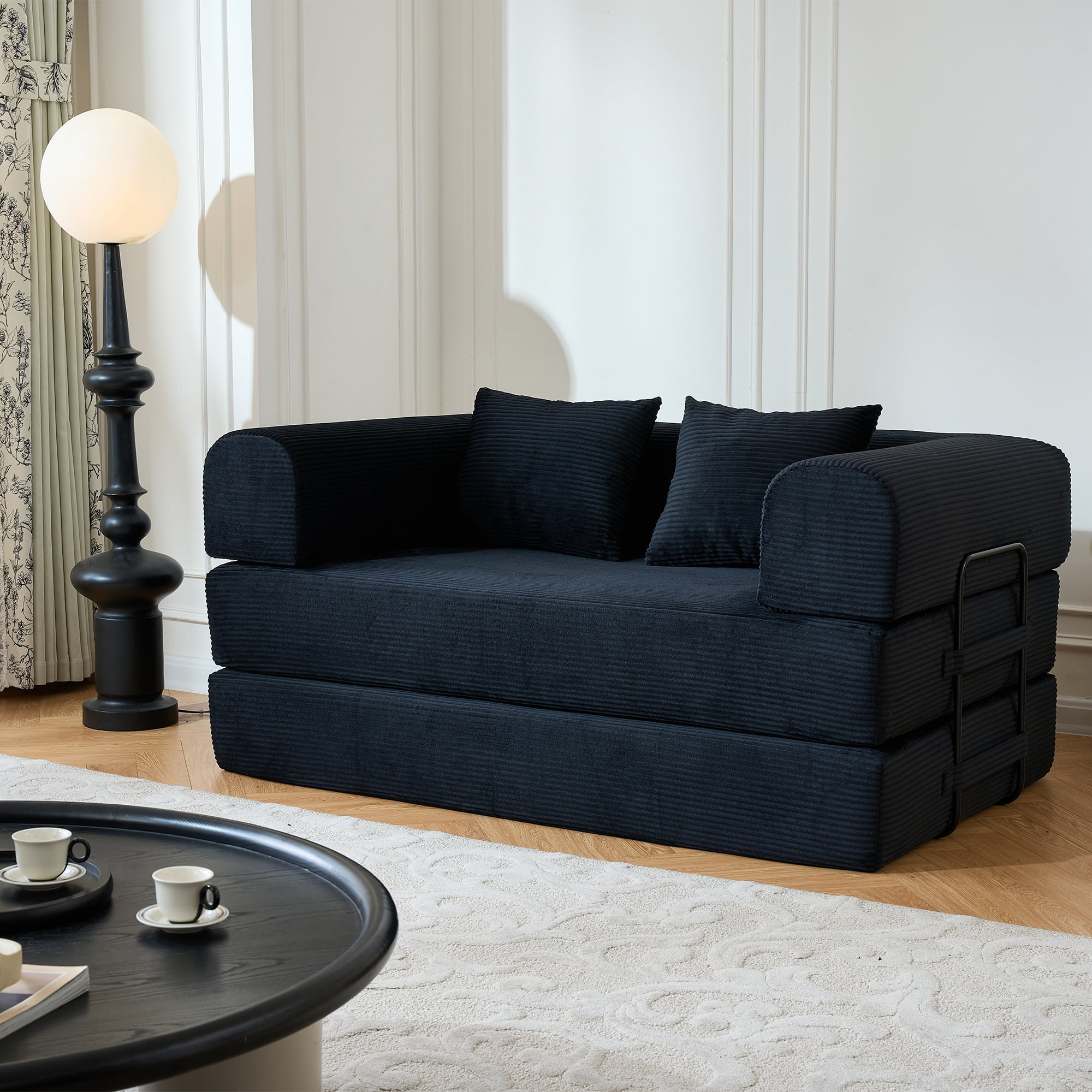 BSHTI 59" Casual Corduroy Convertible Sleeper Sofa Bed with Cylindrical Pillow, No Assembly, Small Space for Living Room（Black）