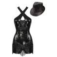 thumbnail image 3 of iiniim Womens Sleeveless Sparkly Sequins Tassel Fringe Dress with Hat Latin Jazz Salsa Tango Dancewear Black L, 3 of 7