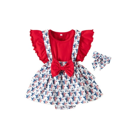

Newborn Baby Girl Independence Day Romper Dress 4th of July Ruffle Fly Sleeve Stripe Star Printed Round Neck Bodysuit Summer Set