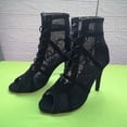 thumbnail image 4 of Zapatos de baile de caña alta para mujer, botas negras de salón, zapatos de salsa y tango, sandalias de tacón alto con recortes de malla para fiesta de moda para niña, verano 2022, 4 of 5