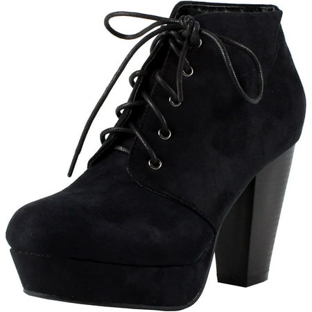 

QUIETTCEX Goldie-11 Womens Fashion High Chunky Heel Platform Lace Up BootiesBlack10
