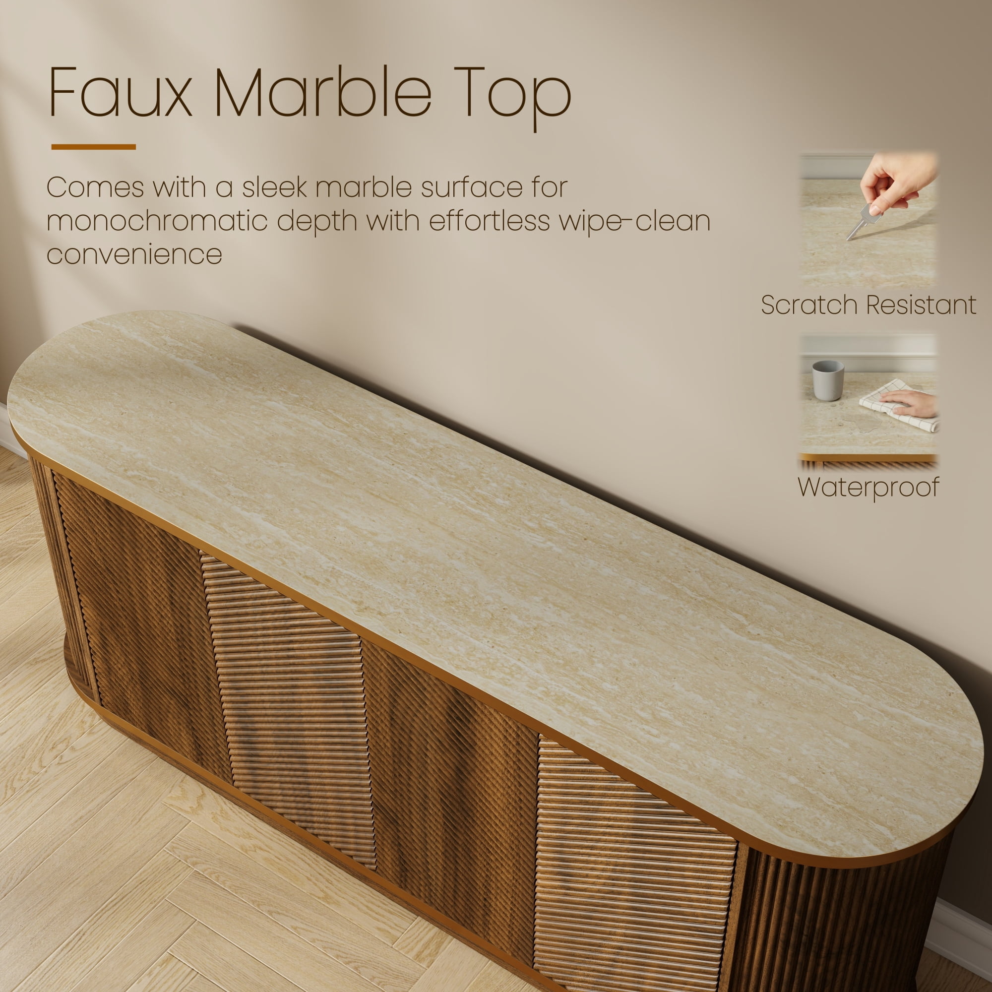 Leumius 63" Diagonal Fluted Sideboard Cabinet with Storage, 4-Door Walnut Buffet Credenza TV Stand with Gold Trim, Modern Cabinet for Dining Room, Living Room,Walnut