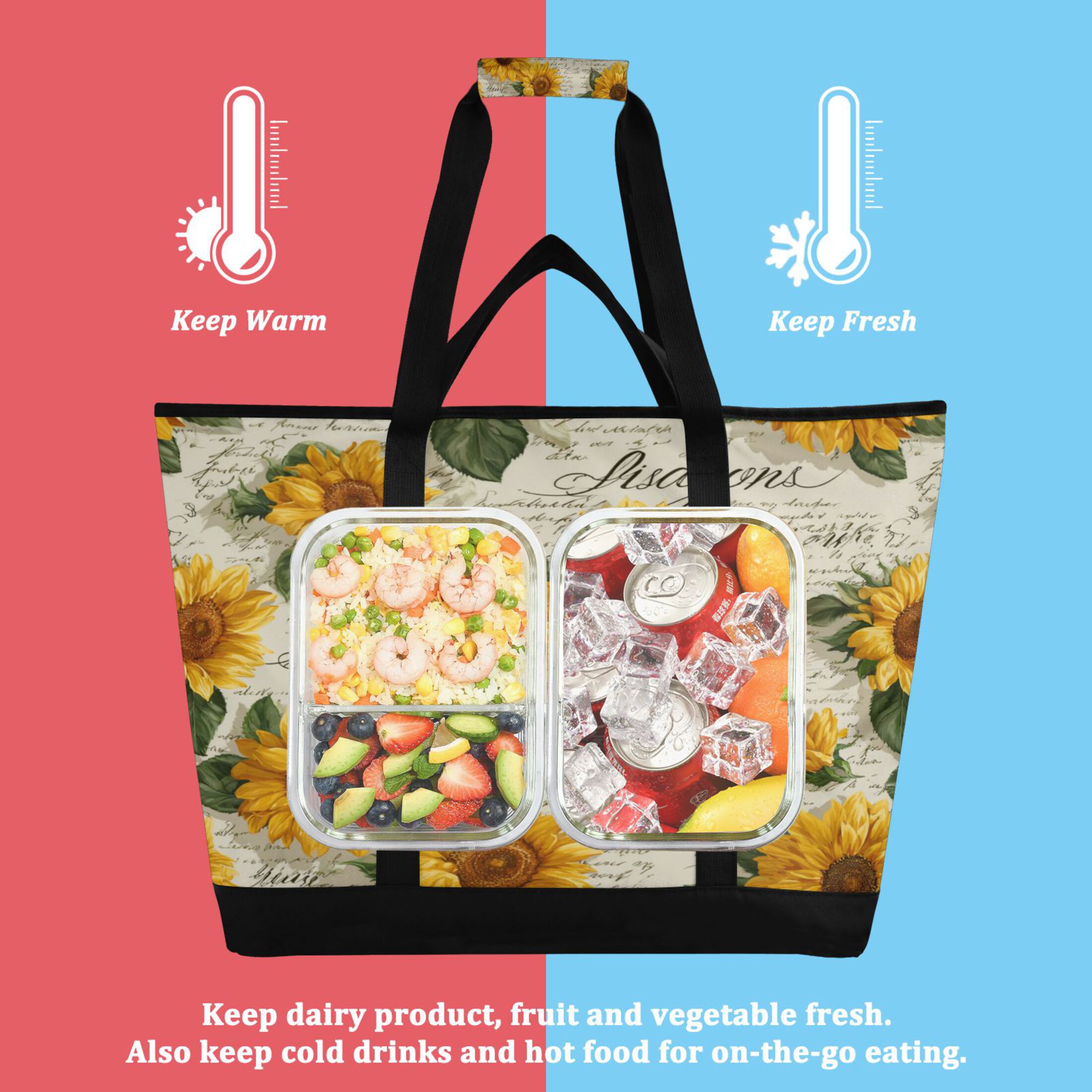 Extra-Large Wide Opening Design Capacity Hand-Held Ice Pack Thickened Insulation Layer For Long-Lasting Cold Retention For Outdoor Shopping Picnics And Camping Vintage Paper with Sunflowers