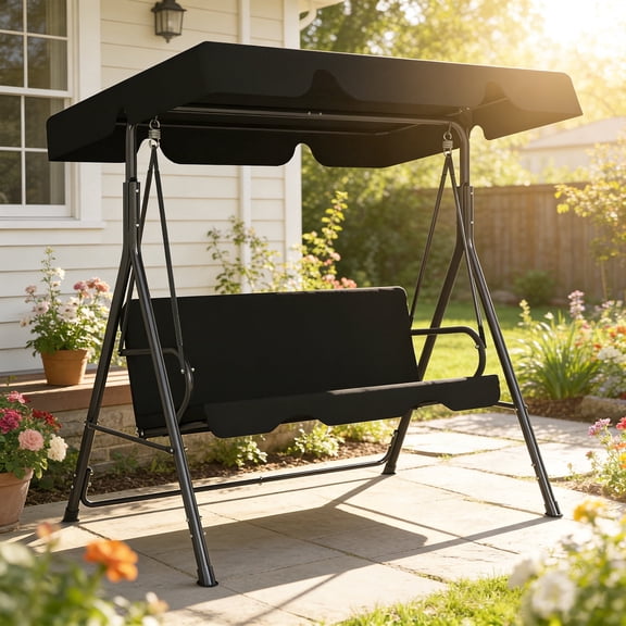 LOGYAT Outdoor Patio Swing Chair for 3 Adults, Heavy Duty Steel Stand, Adjustable Canopy, Porch Swing Glider Bench for Backyard, Garden, Deck, Black